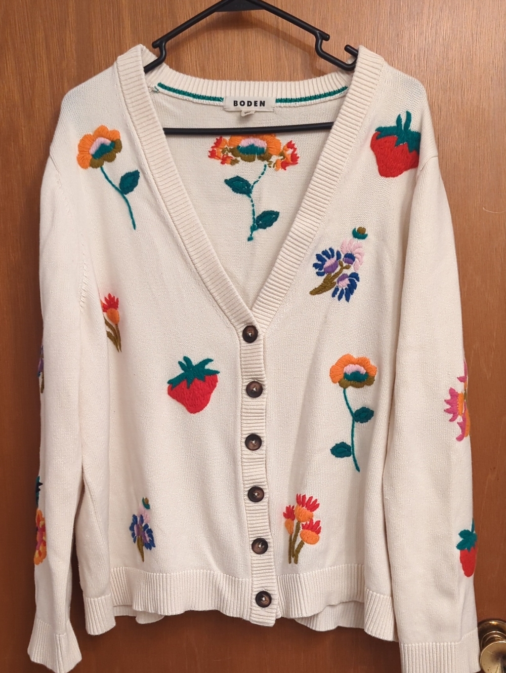 Boden Cream Cardigan with Multicolor Floral & Strawberry Embroidery, XL